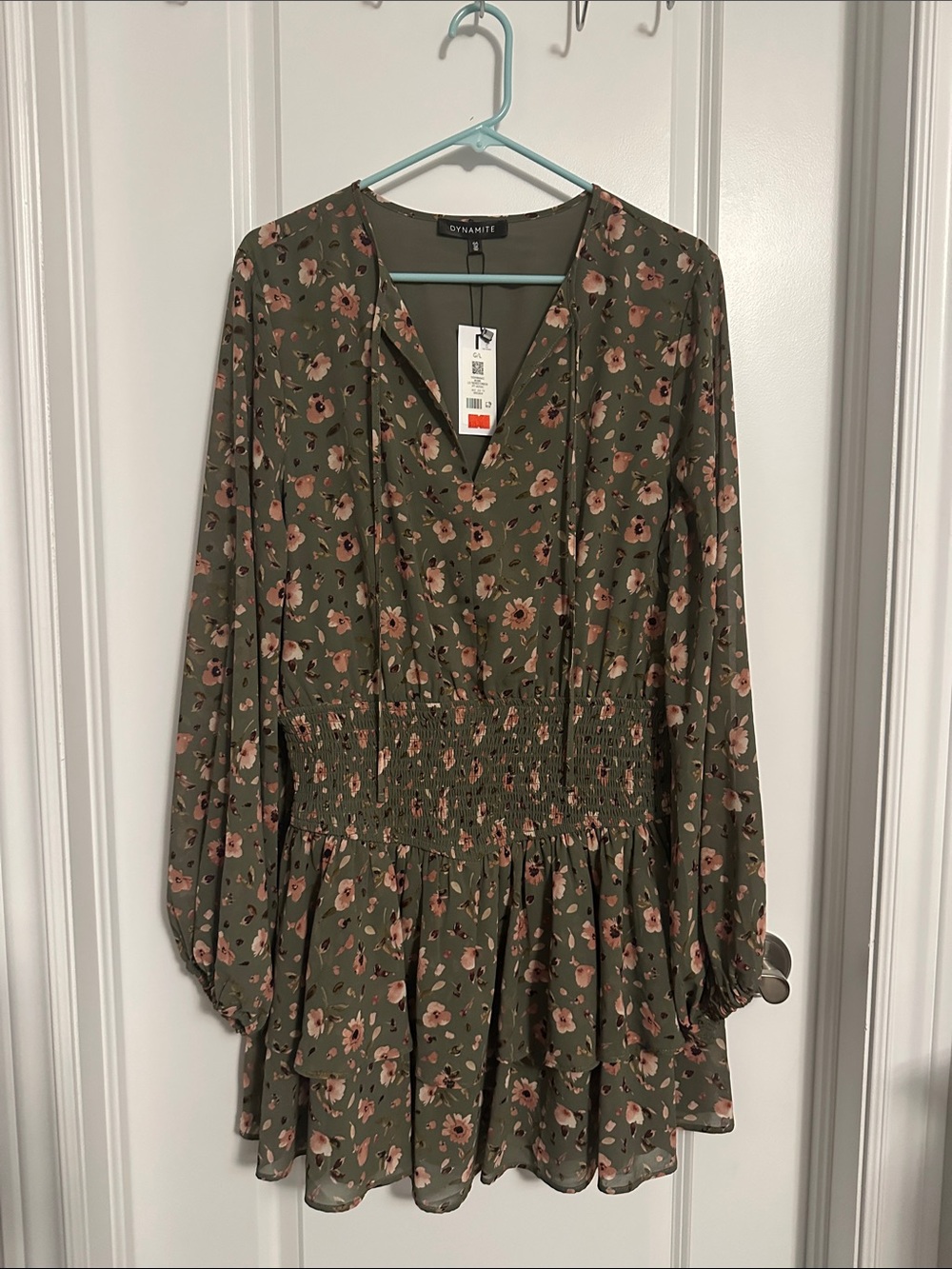 Dynamite Olive Floral V-Neck Smocked Waist Mini Dress - Picture 1 of 12